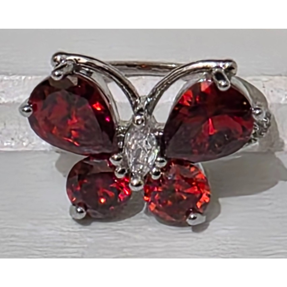 Red Garnet & White CZ 925 Sterling Silver Women's Butterfly Ring Size 5